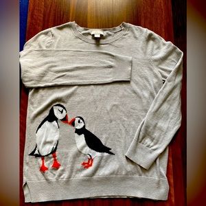 LOFT Classic Sweater in light grey with puffins in bottom right corner.